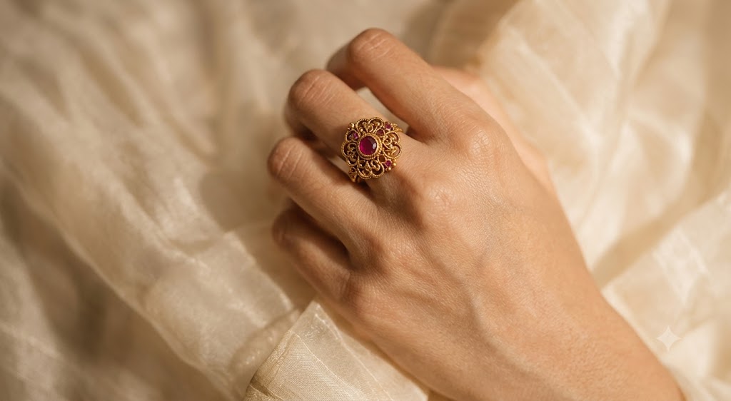 Hand wearing heritage handcrafted ring detail
